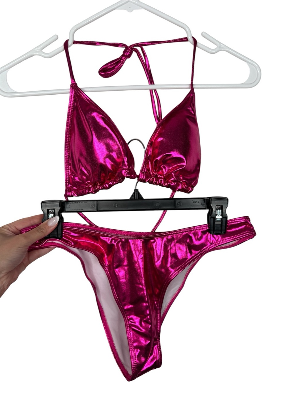 Shiny Pink Metallic Triangle Bikini Set - Women's Swim